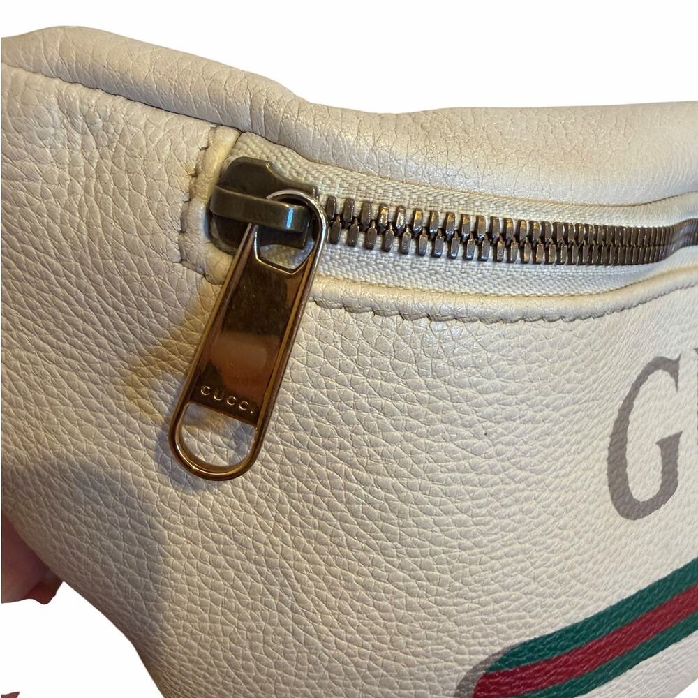Authentic Gucci Print Leather Belt Bag White Logo Web Stripe Crossbody - Picture 7 of 11
